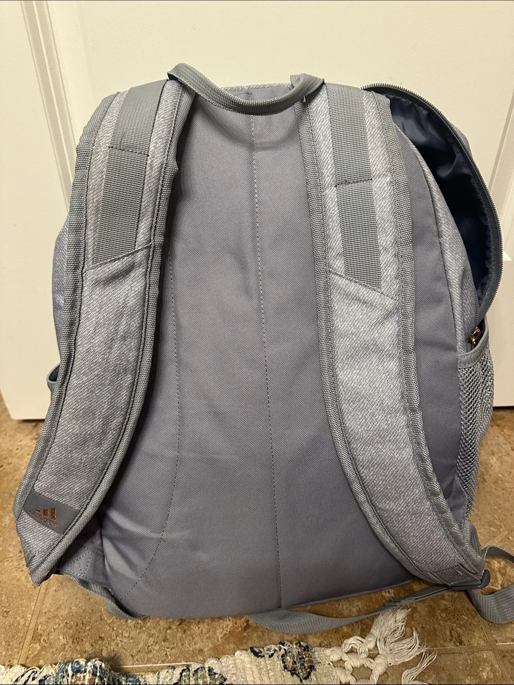 adidas Light Gray Backpack with Gold Logo Accents